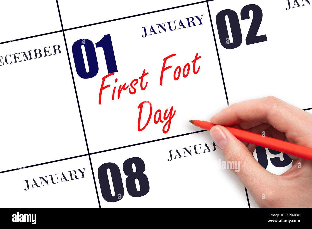 Januar: Handschrift Text „erster Fuß“ am Kalenderdatum. Speichern Sie das Datum. Urlaub. Tag des Jahres-Konzept. Stockfoto