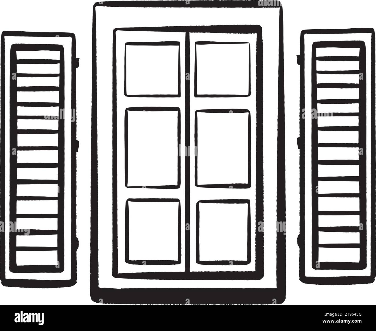 Tinte Hand gezeichneter Vektor. Italienisches Fenster mit offenen Fensterläden. Holzrahmen. Symbol italienischer Häuser in einer Altstadt. Offenes Fenster, das die Fahrt symbolisiert Stock Vektor