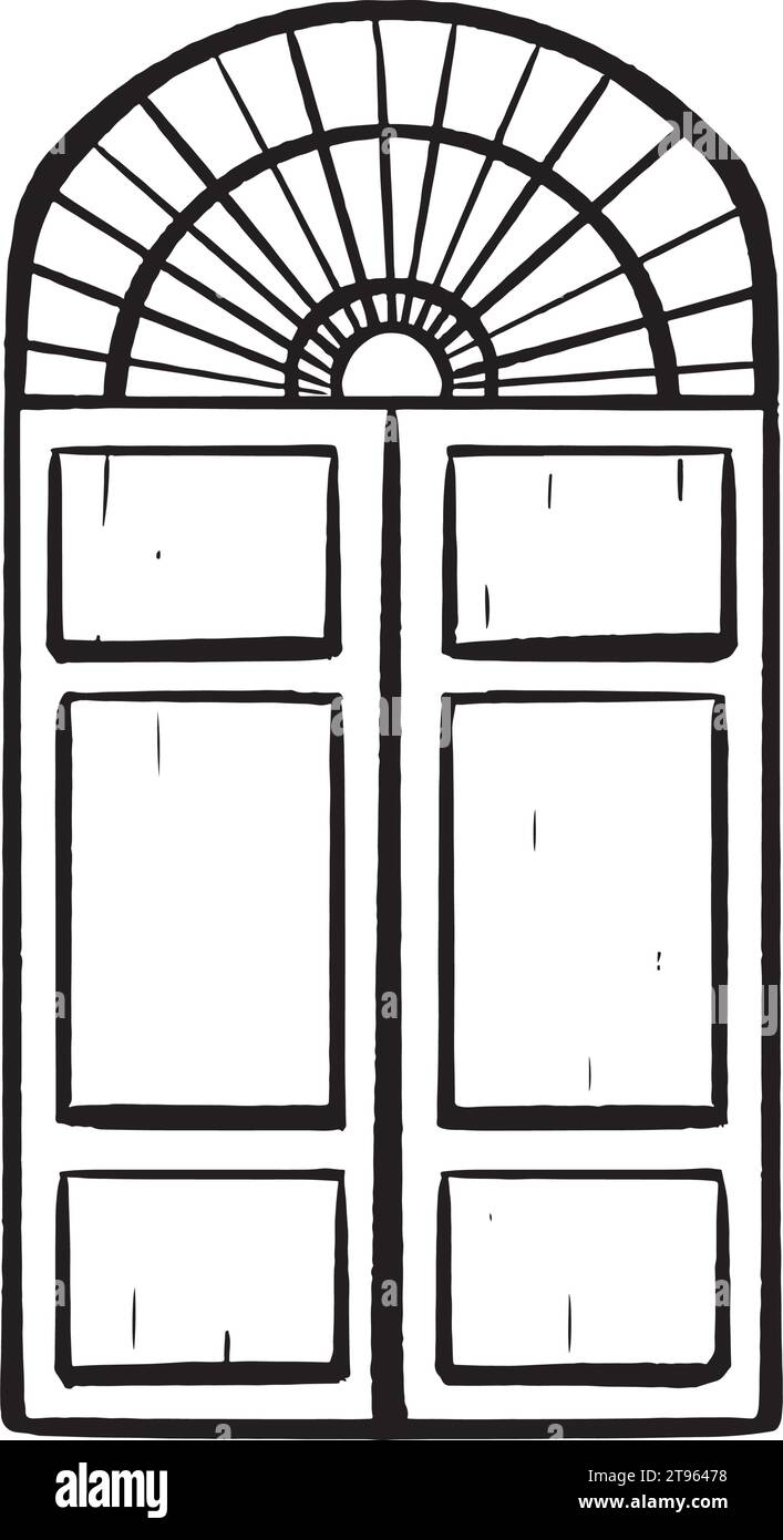 Tinte Hand gezeichneter Vektor. Italienische Holztür mit eiserner Verzierung. Fassadenschmuck. Versiegelter Eingang. Doppeltüren aus Eichenholz. Für Logoskizzen Stock Vektor