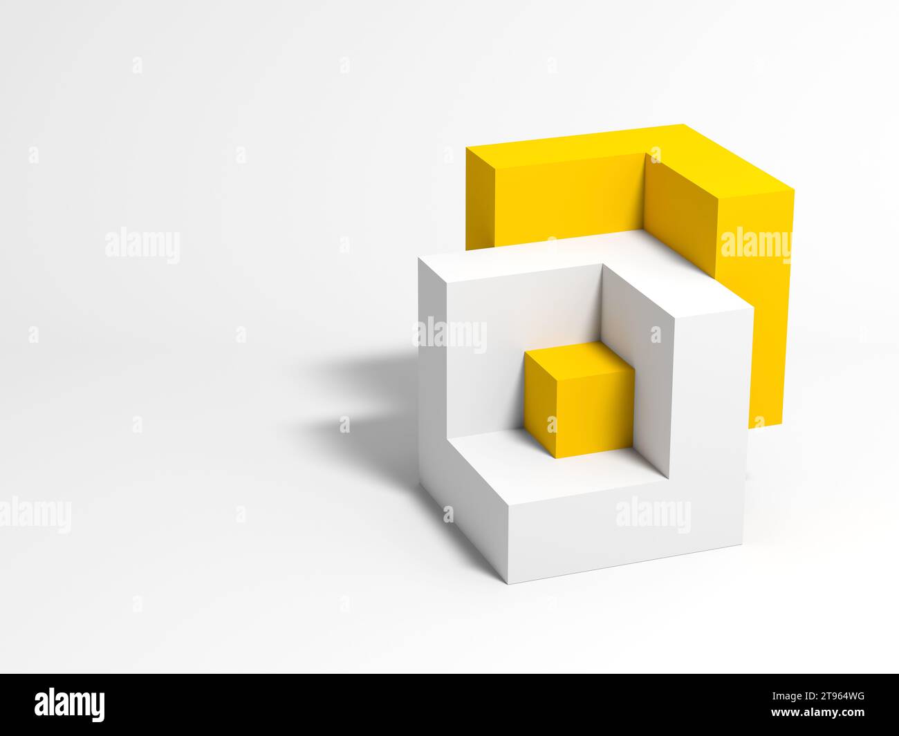 Abstrakte geometrische Installation mit verbundenen gelben und weißen kubischen Formen auf weißem Hintergrund. 3D-Darstellung Stockfoto
