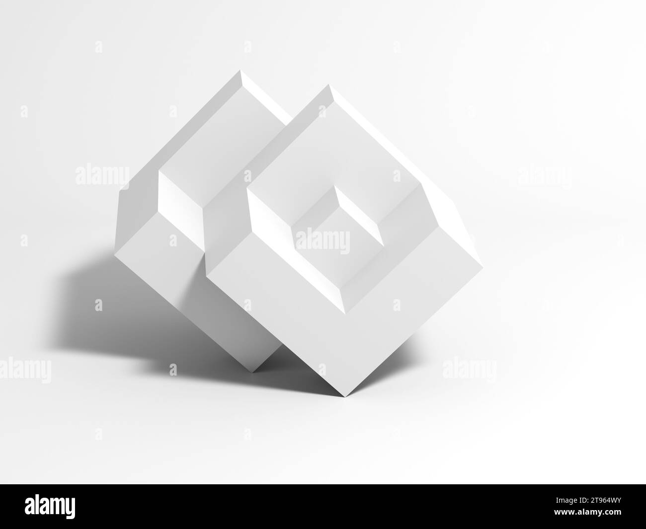 Abstrakte weiße geometrische Installation mit zwei verbundenen kubischen Formen auf weißem Hintergrund. 3D-Darstellung Stockfoto