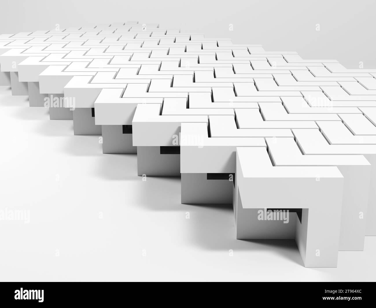 Abstrakte weiße geometrische Installation. Mosaikstruktur von Hexabits. 3D-Darstellung Stockfoto