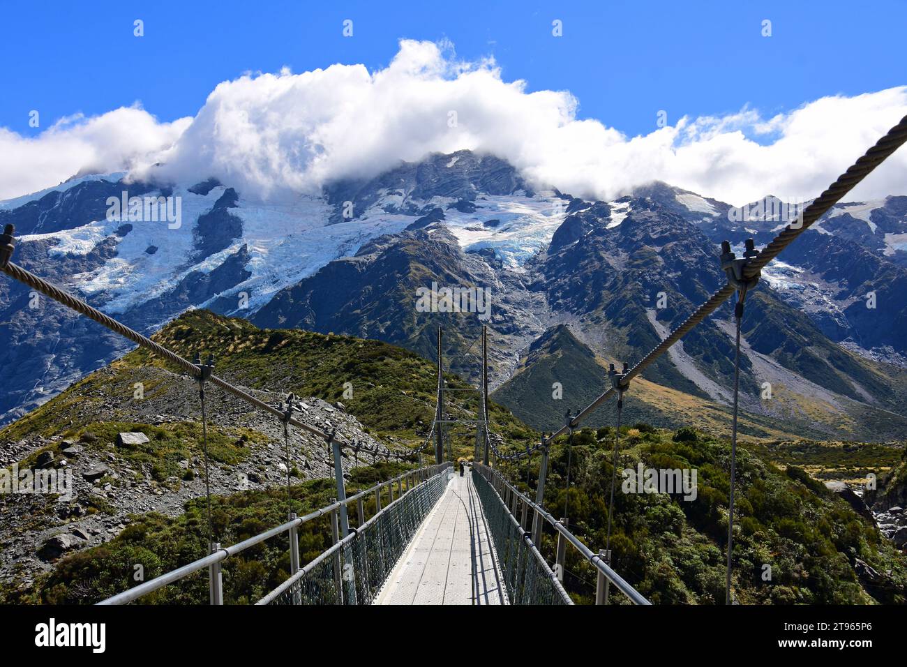 Hooker River an einem sonnigen Tag im Sommer entlang des Hooker Valley Track in der Nähe des Mount Cook Village auf der Südinsel neuseelands Stockfoto