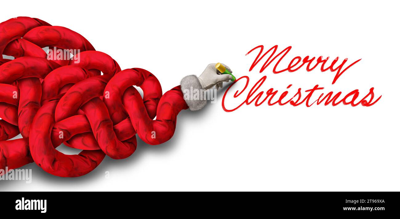 Lustige frohe Weihnachtsbotschaft als lustige Winterfeiertage Weihnachtsmann Arm in lustiger Form als humorvolles Silvester-Symbol. Stockfoto