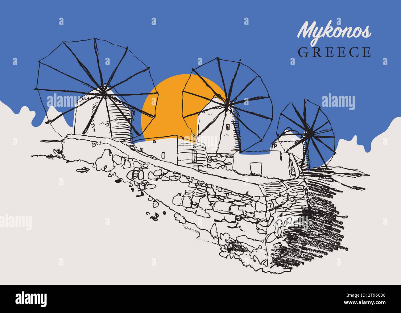 Vektor handgezeichnete Skizzenillustration der traditionellen ägäischen Windmühlen auf der griechischen Insel Mykonos. Stock Vektor