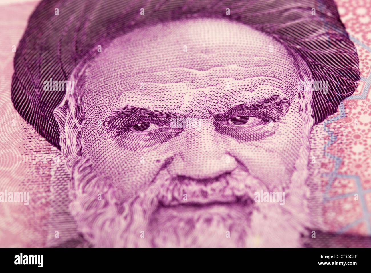 Ruhollah Khomeini ein Nahaufnahme-Porträt aus iranischem Geld - Rial Stockfoto