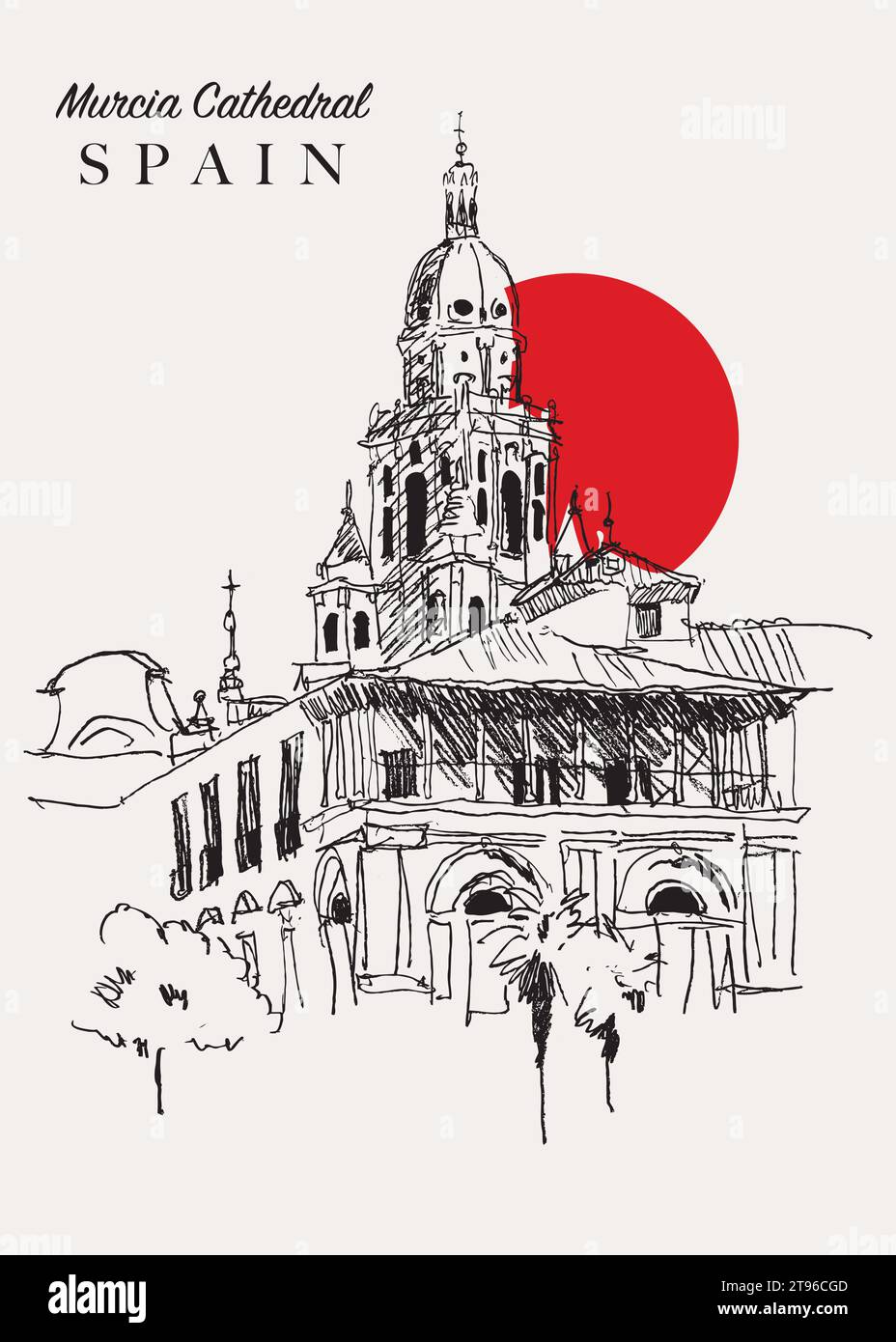Vektor-handgezeichnete Skizze Illustration der Kathedrale von Murcia in Murcia, Spanien. Stock Vektor