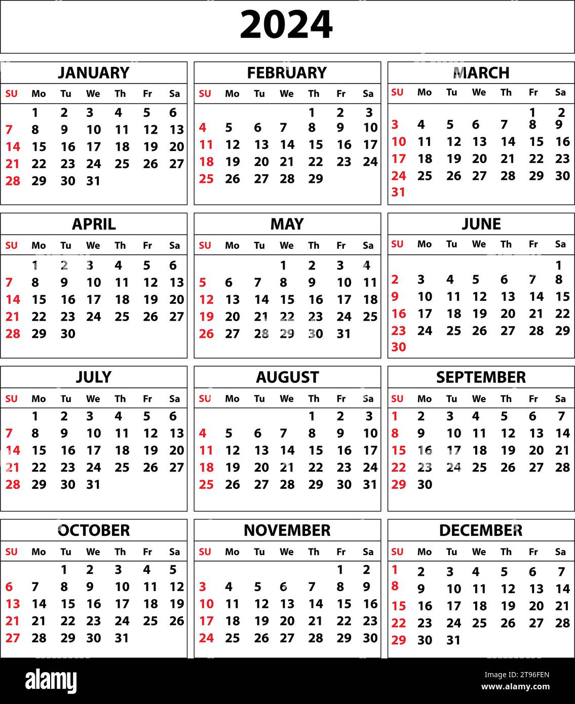 Kalendersatz 2024. Farbvektor Taschenkalender Design. Die Woche beginnt am Sonntag. Januar, Februar, März, April, Mai, Juni, Juli, August, September Stock Vektor