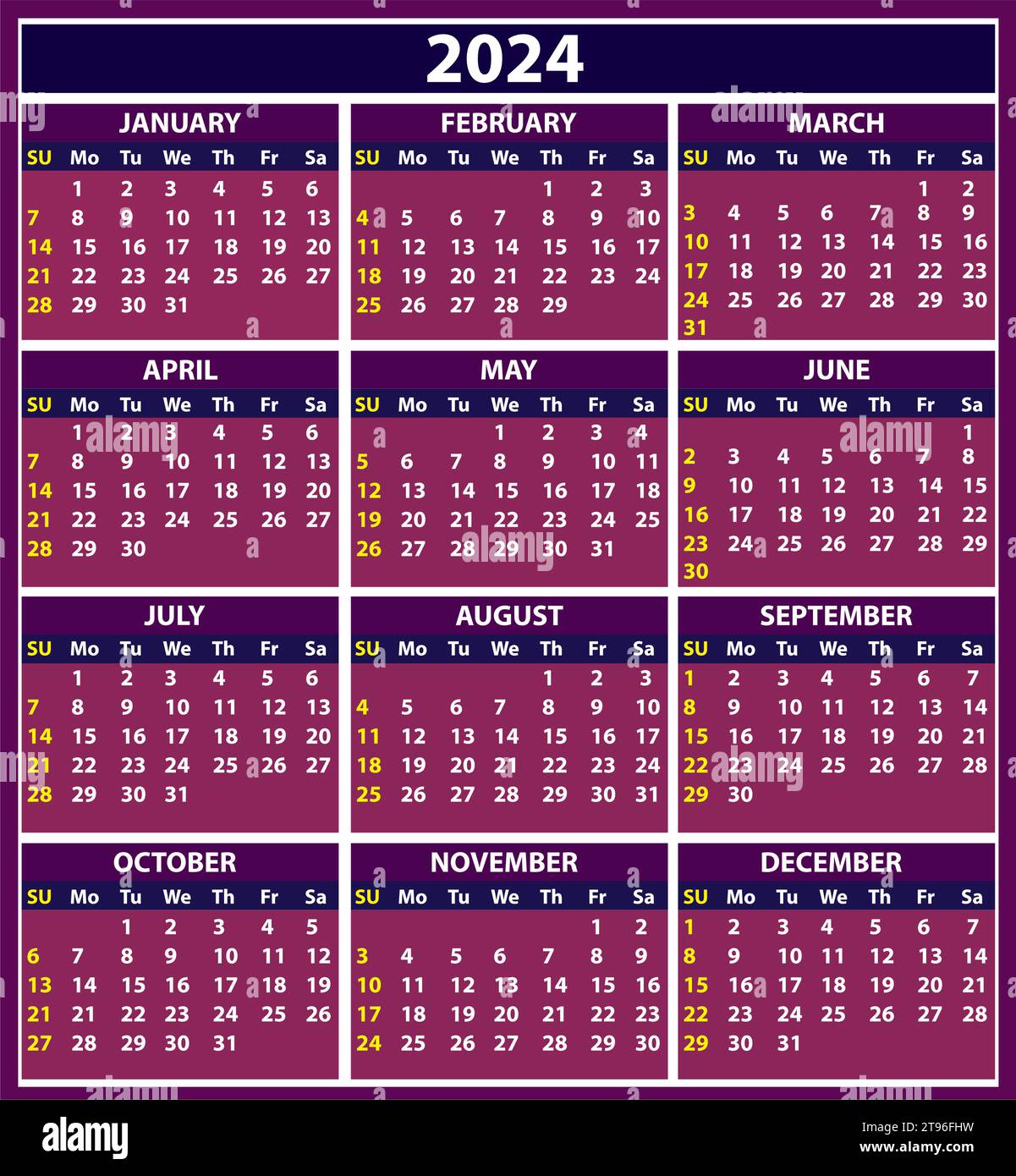 Kalendersatz 2024. Farbvektor Taschenkalender Design. Die Woche beginnt am Sonntag. Januar, Februar, März, April, Mai, Juni, Juli, August, September Stock Vektor