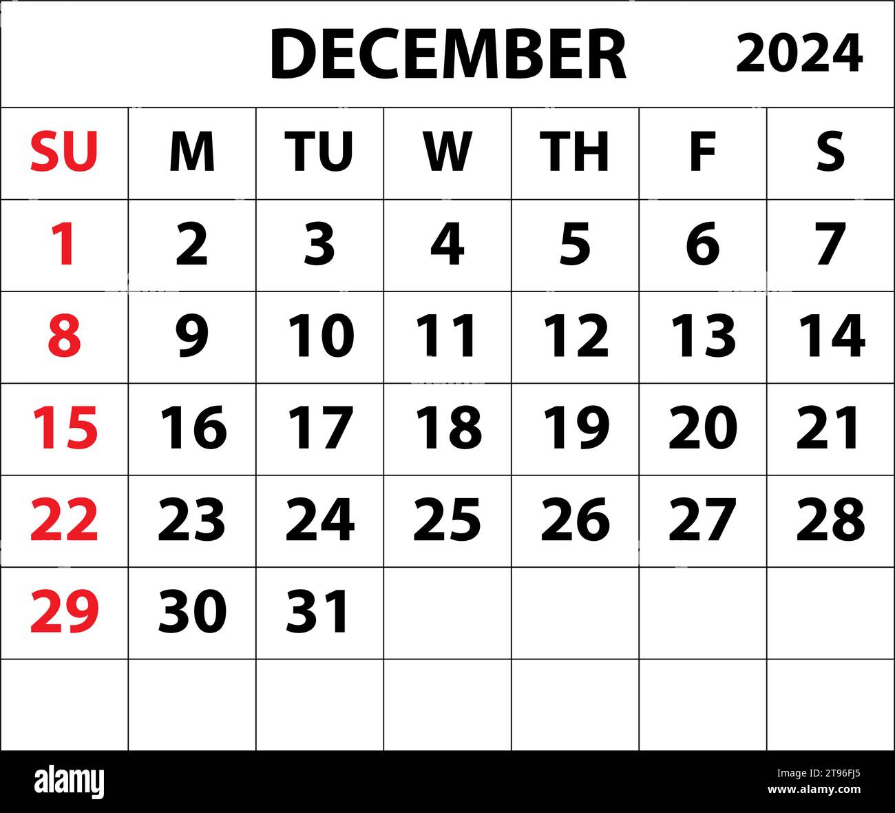 2024 Dezember Monatskalender Farbvektor Illustrator Kalenderdesign. Einfacher minimaler Kalender. Vektorabbildung. Monatskalender Design 2024. Stock Vektor