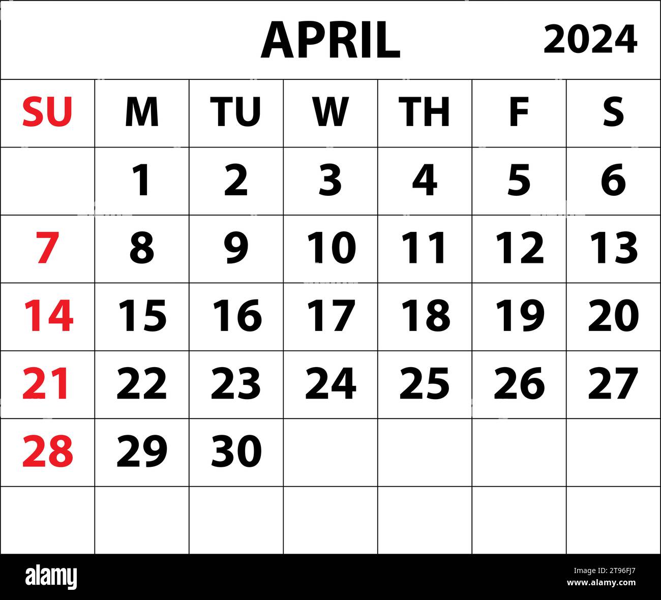 2024 April Monatskalender Farbvektor Illustrator Kalenderdesign. Einfacher minimaler Kalender. Vektorabbildung. Monatskalender Design 2024. Stock Vektor