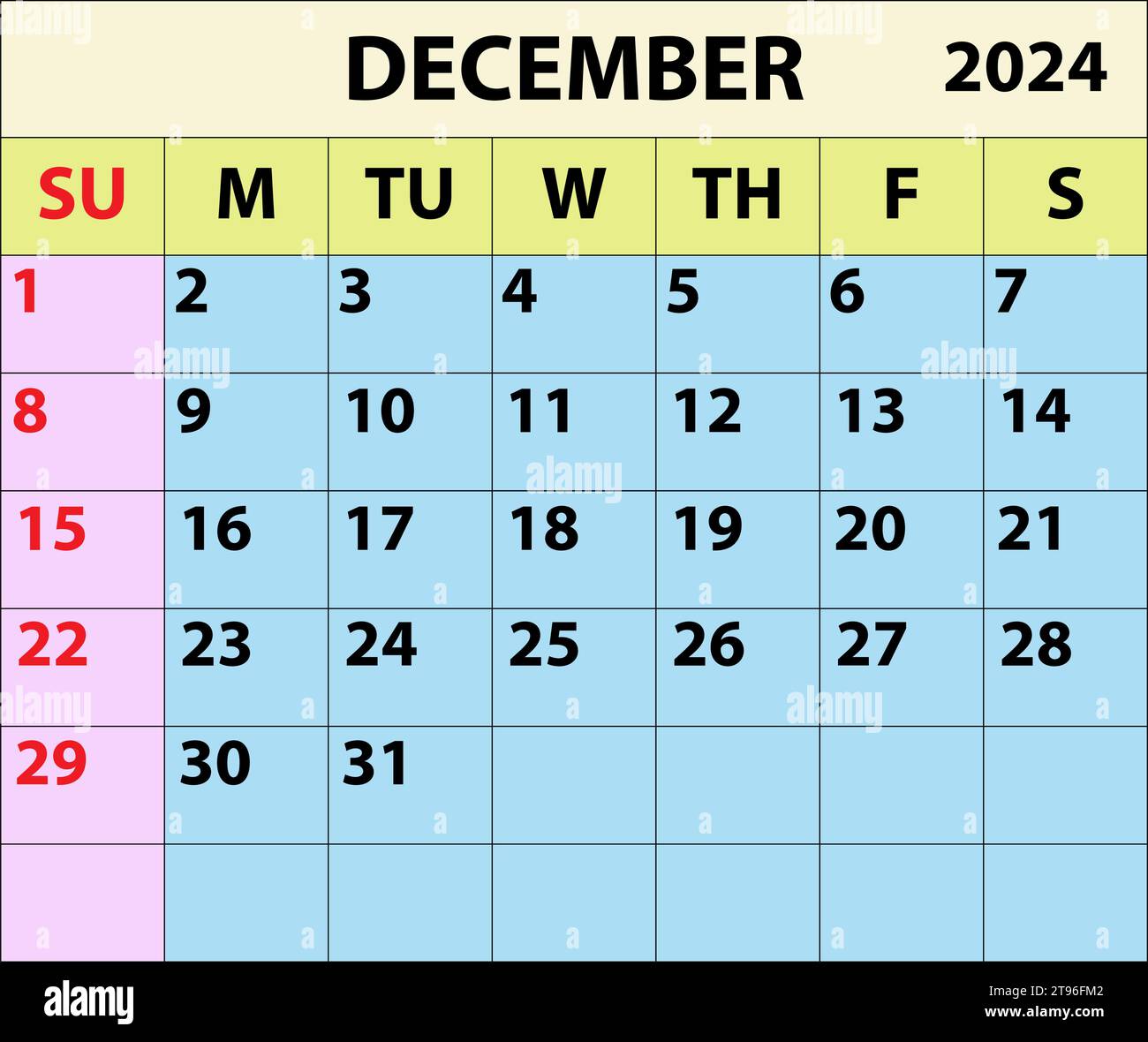 2024 Dezember Monatskalender Farbvektor Illustrator Kalenderdesign. Stock Vektor