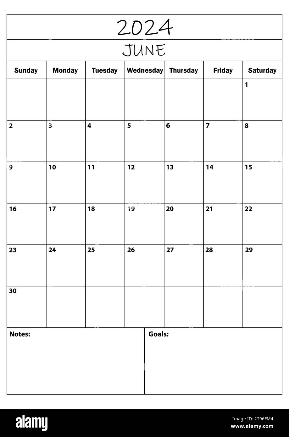 Planer für Juni 2024. Kalenderplaner. Einfacher minimaler Kalender. Vektorabbildung. Daily Planner Design 2024. Organisator für Lebensplanung Stock Vektor