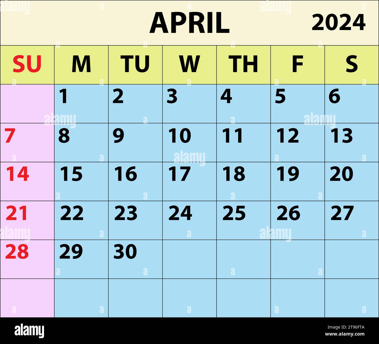 2024 April Monatskalender Farbvektor Illustrator Kalenderdesign. Einfacher minimaler Kalender. Vektorabbildung. Monatskalender Design 2024. Stock Vektor