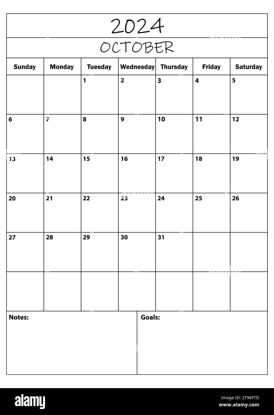 Planer für Oktober 2024. Kalenderplaner. Einfacher minimaler Kalender. Vektorabbildung. Daily Planner Design 2024. Organisator für Lebensplanung. Stock Vektor