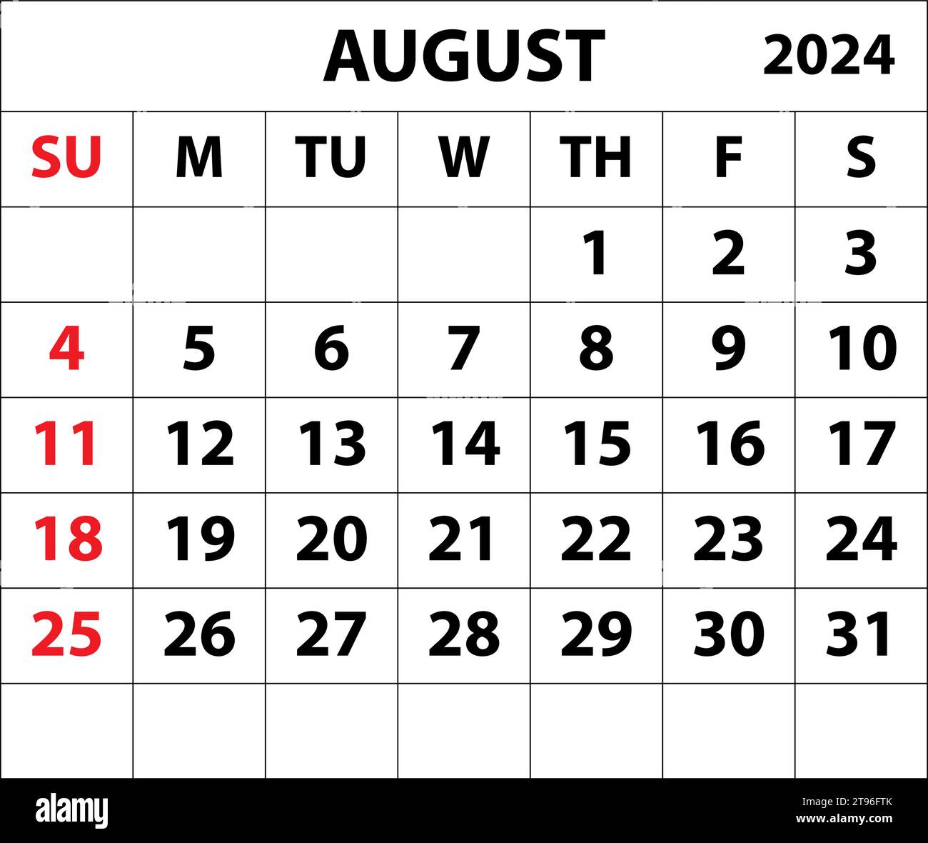 2024 August Monatskalender Farbvektor Kalenderdesign. Stock Vektor
