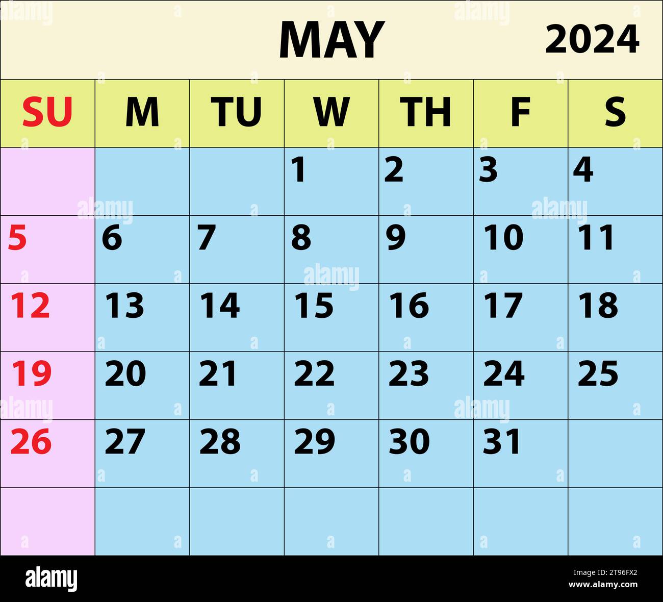 2024 Mai Monat Kalender Farbe Vektor Illustrator Kalender Design. Stock Vektor