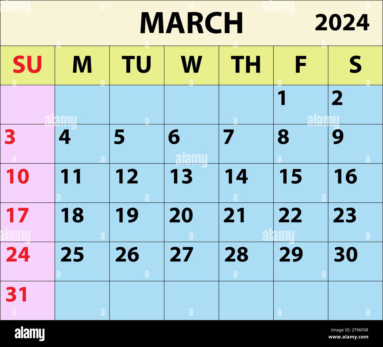 2024 MÄRZ Monat Kalender Vektor Illustrator Kalender Design. Einfacher minimaler Kalender. Vektorabbildung. Monatskalender Design 2024. Leben und Bus Stock Vektor