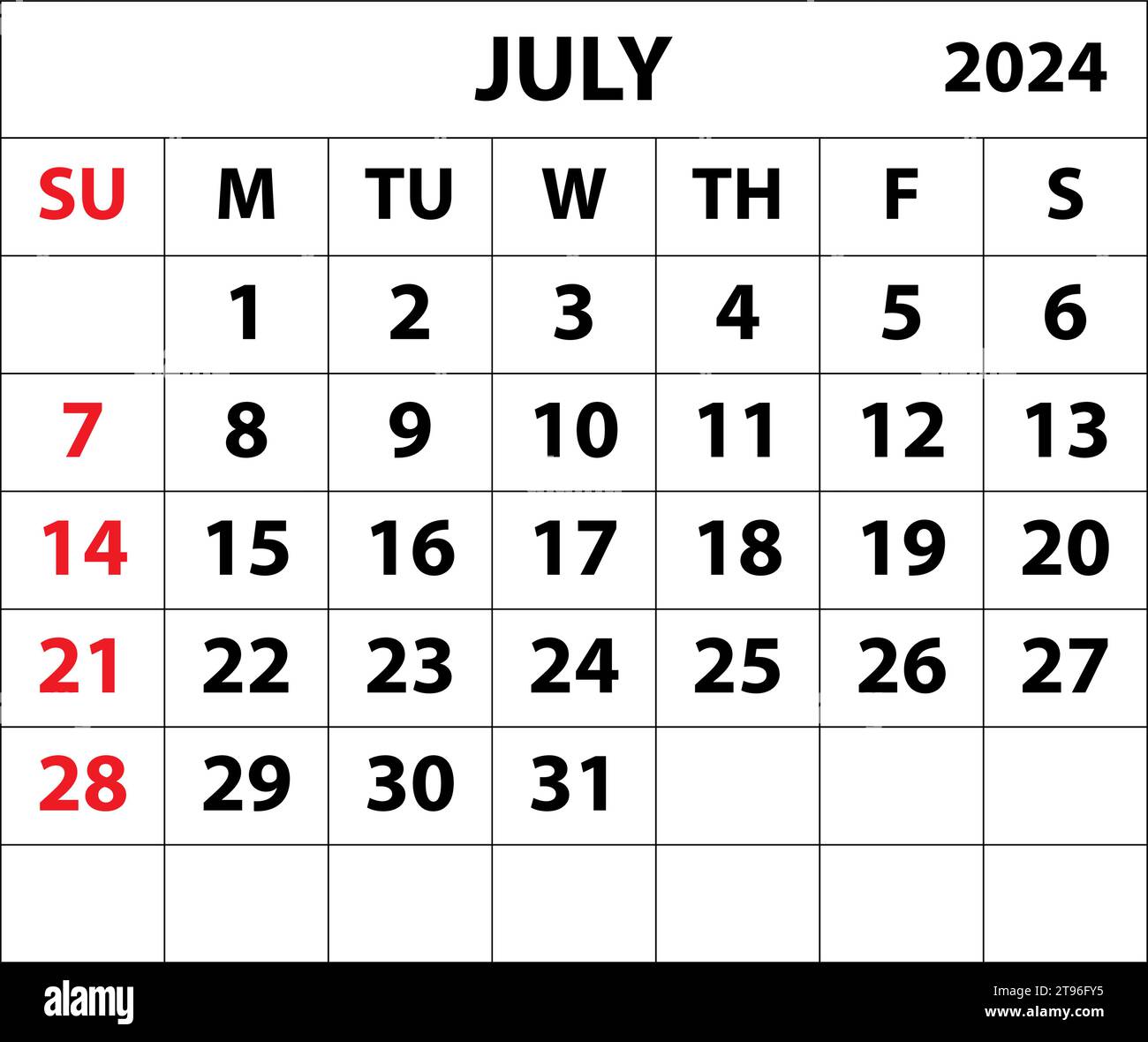 2024 JULI Monatskalender Farbvektor Illustrator Kalenderdesign. Einfacher minimaler Kalender. Vektorabbildung. Monatskalender Design 2024. Stock Vektor
