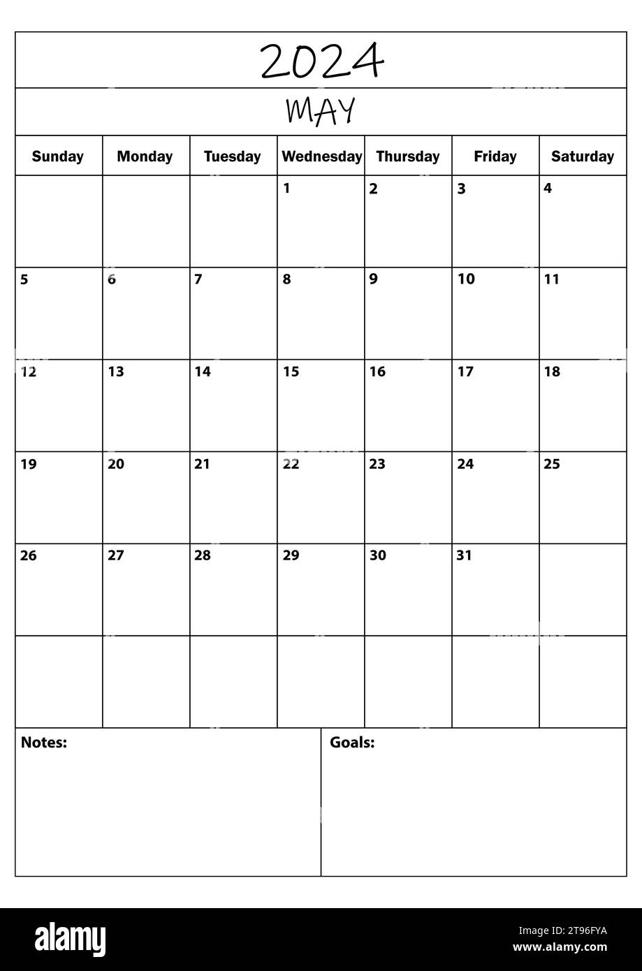 2024 MAI Planer. Kalenderplaner. Einfacher minimaler Kalender. Vektorabbildung. Daily Planner Design 2024. Organisator für Lebensplanung. Stock Vektor