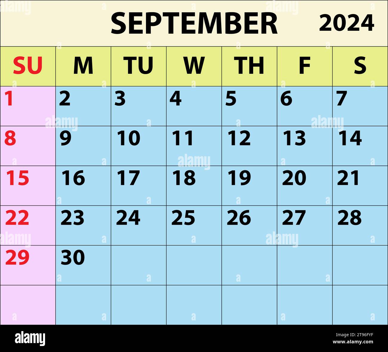 2024 SEPTEMBER Monatskalender Farbvektor Illustrator Kalenderdesign. Einfacher minimaler Kalender. Vektorabbildung. Monatskalender Design 2024. Stock Vektor