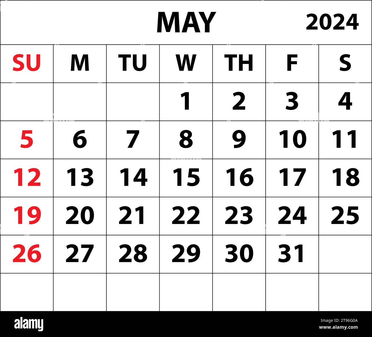 2024 Mai Monat Kalender Farbe Vektor Illustrator Kalender Design. Stock Vektor