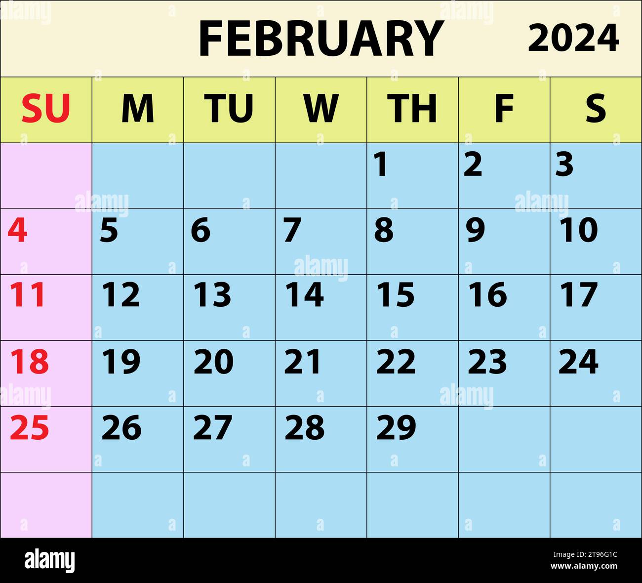 2024 Februar Monatskalender Farbvektor Illustrator Kalenderdesign. Einfacher minimaler Kalender. Vektorabbildung. Monatskalender Design 2024. Stock Vektor