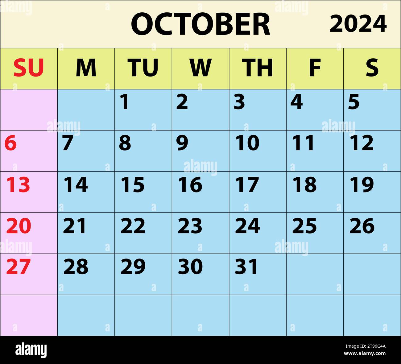 2024 Oktober Monatskalender Farbvektor Illustrator Kalenderdesign. Stock Vektor