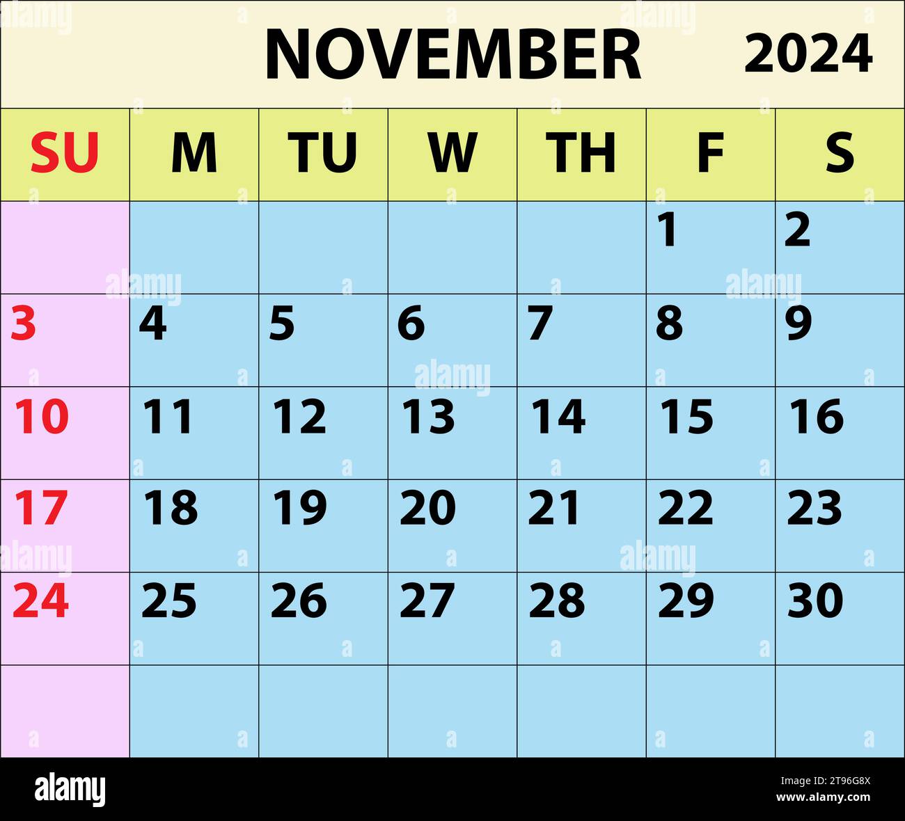 2024 November Monatskalender Farbvektor Illustrator Kalenderdesign. Einfacher minimaler Kalender. Vektorabbildung. Monatskalender Design 2024. Stock Vektor