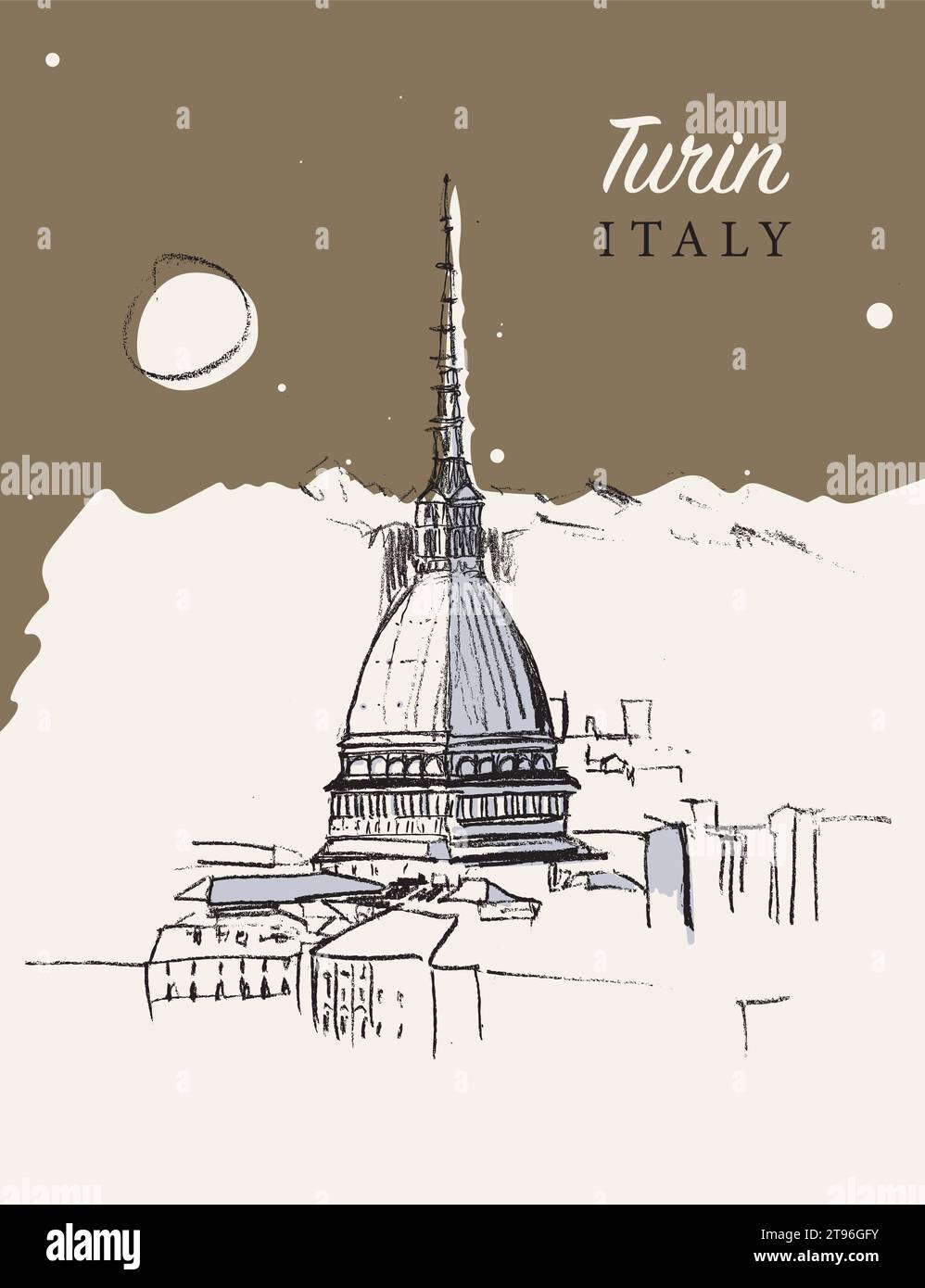 Handgezeichnete Vektor-Skizzenillustration der Stadt Turin im Piemont in Italien. Stock Vektor