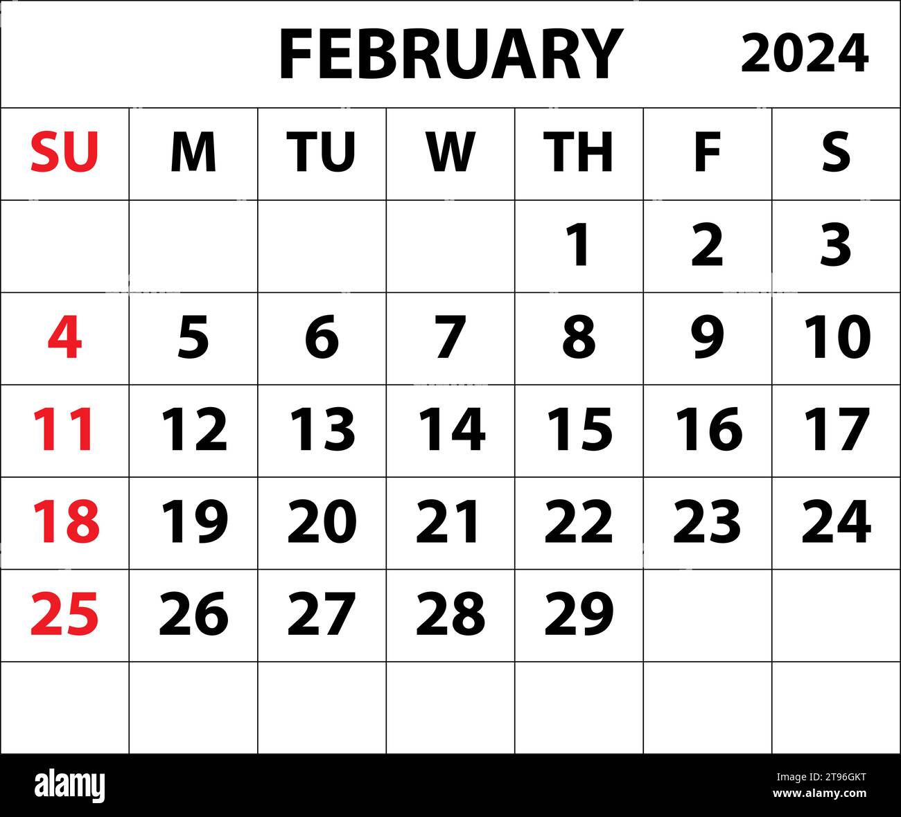 2024 Februar Monatskalender Farbvektor Illustrator Kalenderdesign. Stock Vektor