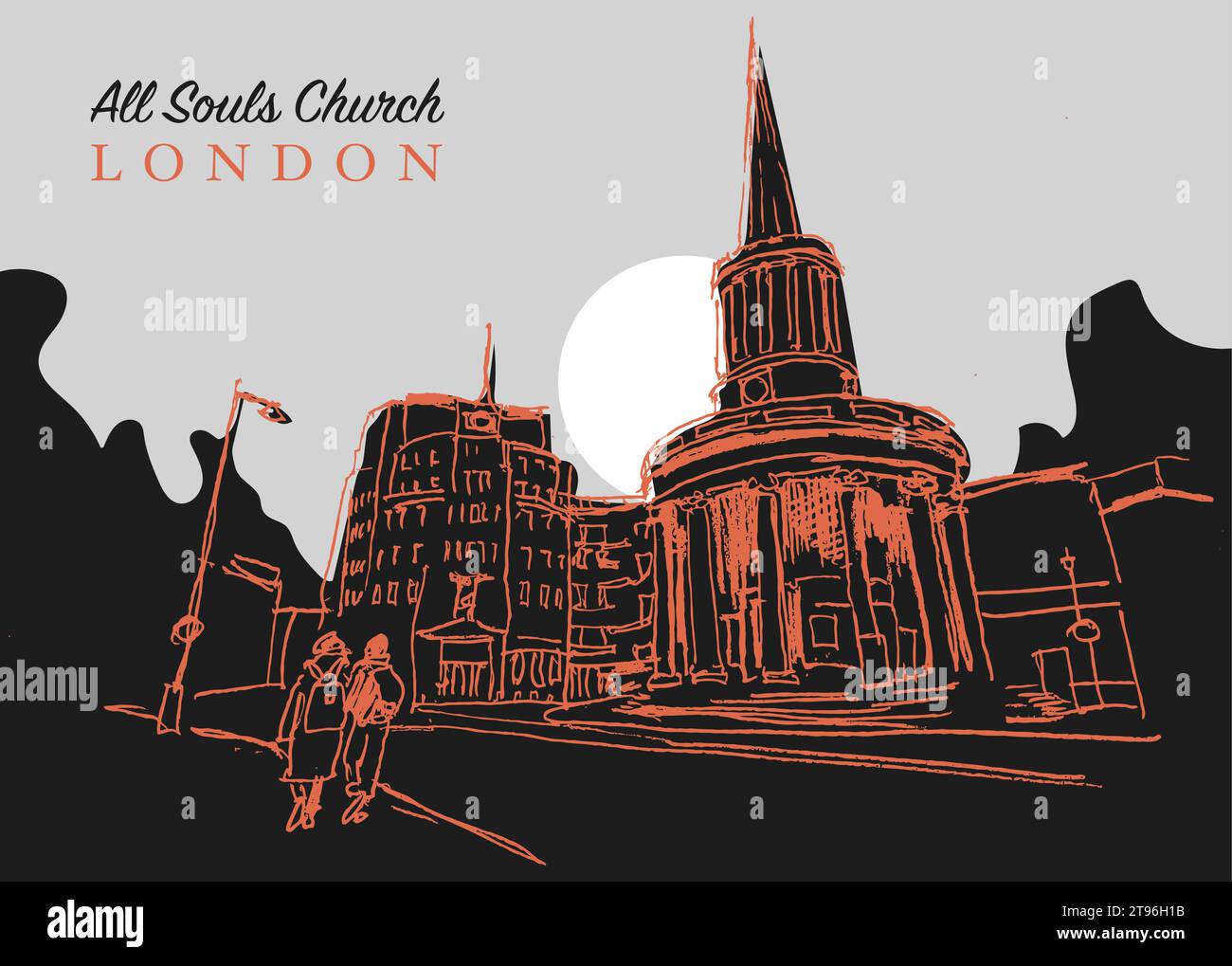 Vector Hand Drawn Sketch Illustration of the All Souls Church ist eine evangelische anglikanische Kirche im Zentrum Londons Stock Vektor