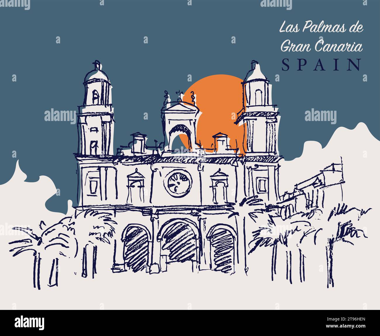 Vector Hand gezeichnete Skizze Illustration der Kathedrale von Santa Ana in Las Palmas, Gran Canaria, Spanien Stock Vektor
