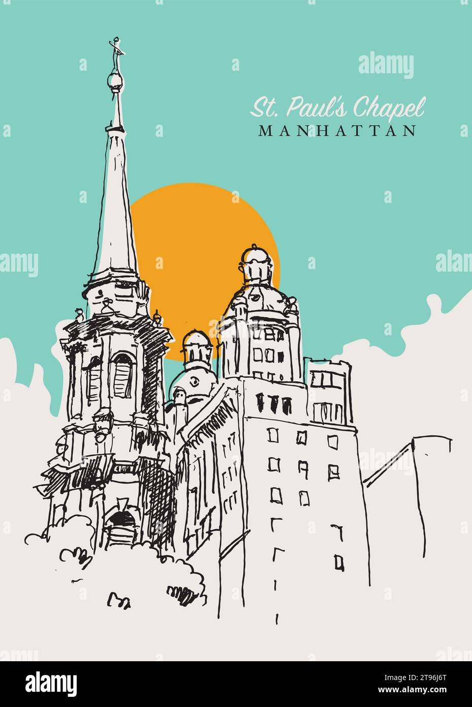Vektor Hand gezeichnete Skizze Illustration des Kirchturms von St. Paul's Chapel in Manhattan, New York City, USA. Stock Vektor