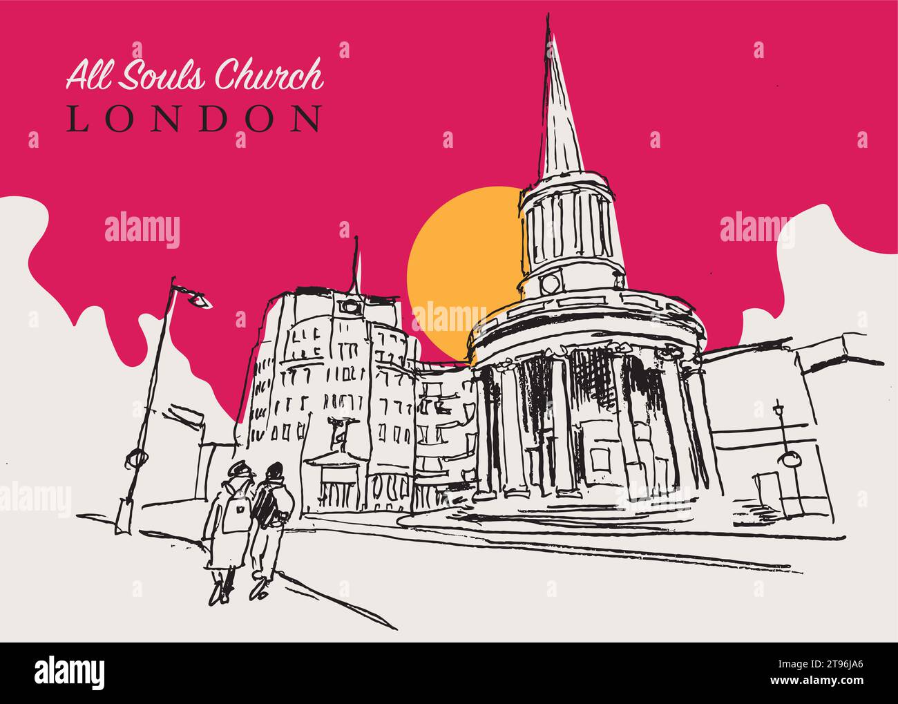 Vector Hand Drawn Sketch Illustration of the All Souls Church ist eine evangelische anglikanische Kirche im Zentrum Londons Stock Vektor