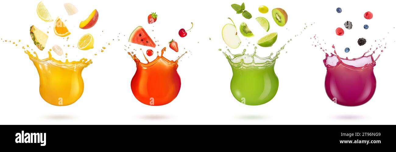 Satz gemischter Früchte und Beeren, die in bunte Spritzer Saft auf weißem Hintergrund fallen. Stockfoto