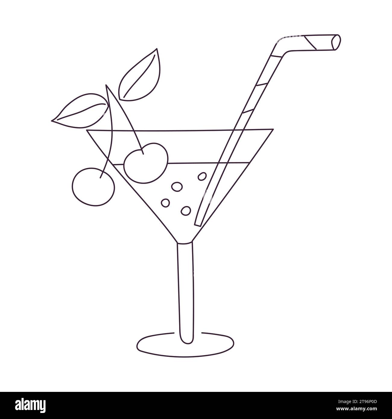 Handgezeichneter Cocktail mit Kirsche und Stroh. Kaltes Getränk, Sommergetränk. Umriss-Kritzelvektor-Schwarz-weiß-Illustration isoliert auf einem weißen Hintergrund Stock Vektor