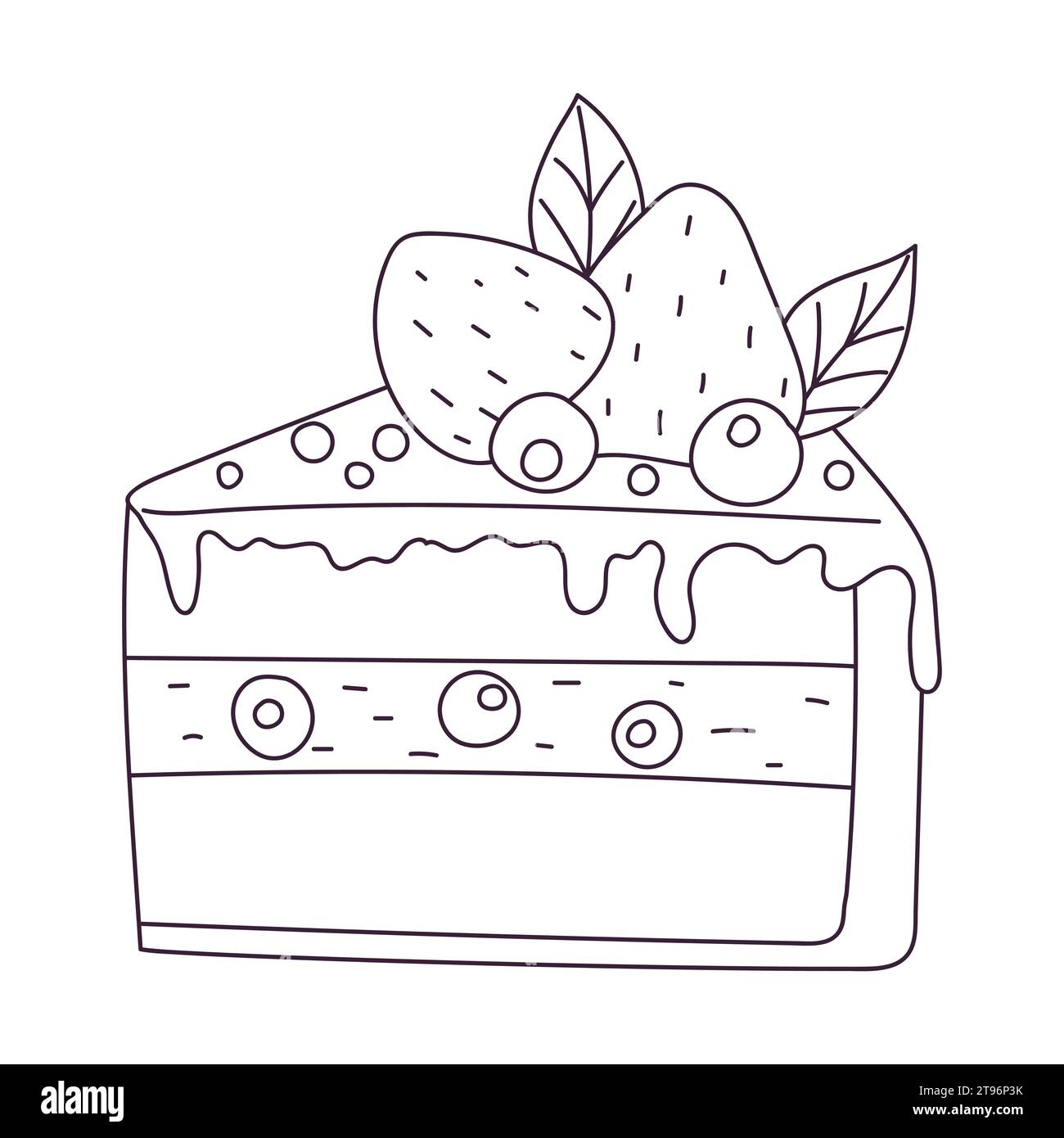 Handgezeichnetes Stück Kuchen mit Erdbeere und Heidelbeere. Süßes Essen, Nachtisch. Umrissmuster-Vektor-Schwarz-weiß-Illustration isoliert auf einem weißen Ba Stock Vektor