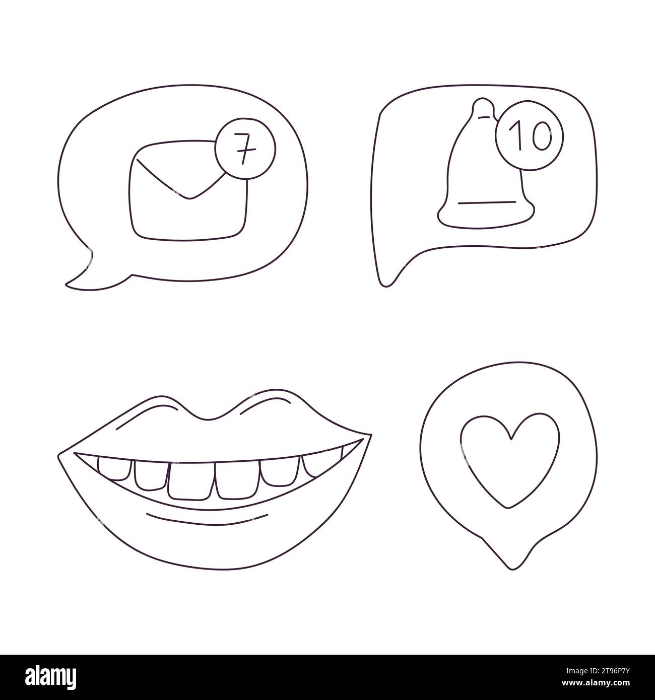 Handgezeichnete Sprechblasen mit Herz, Umschlag, Glocke. Benachrichtigung, wie Symbole. Lächelnder Mund. Umriss-Kritzelvektor-Schwarz-weiß-Illustration ist Stock Vektor