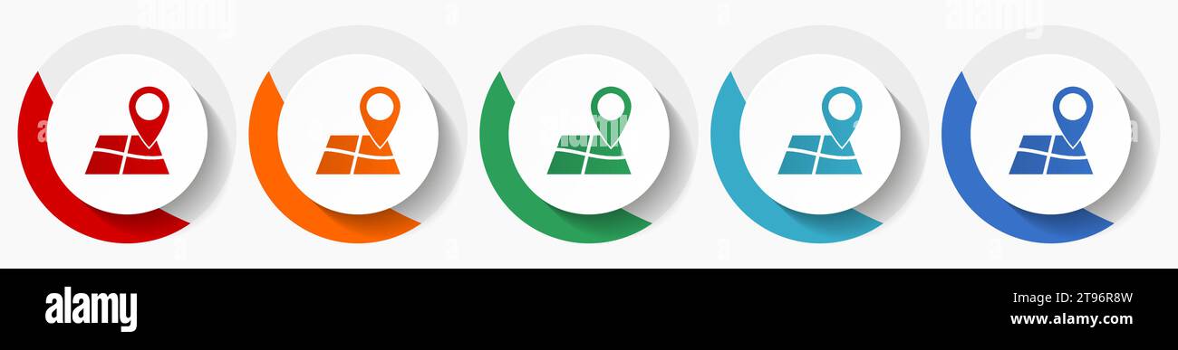GPS, Karte, Reisevektor-Symbolsatz, flaches Design farbenfrohe runde Symbole in 5 Farboptionen für Webdesign und mobile Anwendungen Stock Vektor