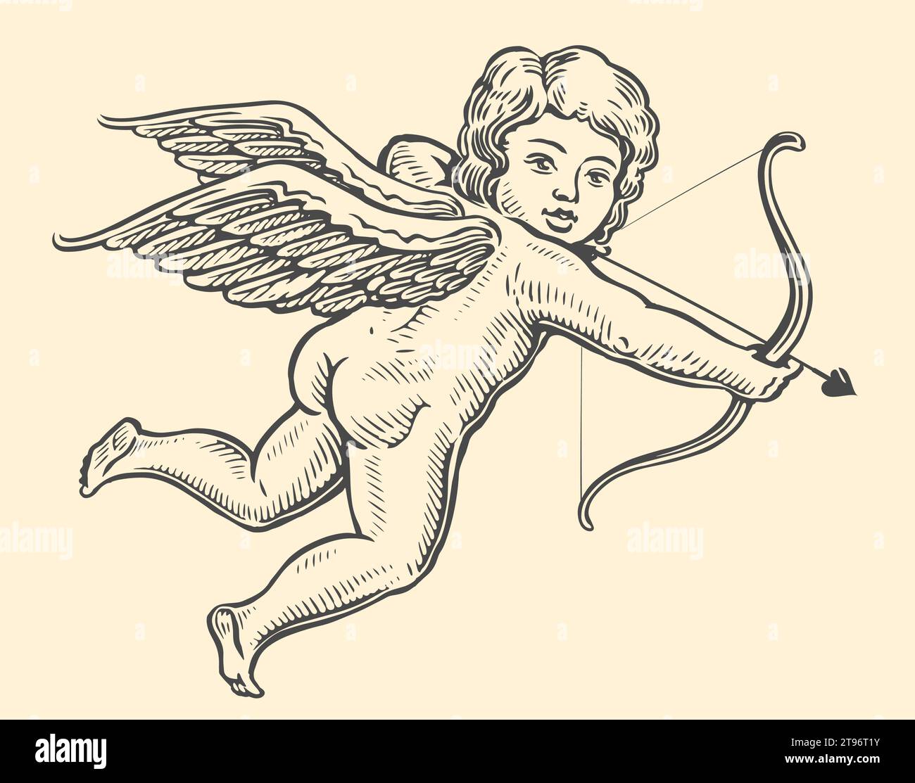 Cupid zielt auf Bogen und Pfeil. Valentinstag-Symbol. Fliegendes Engelskind, Vektorillustration Stock Vektor