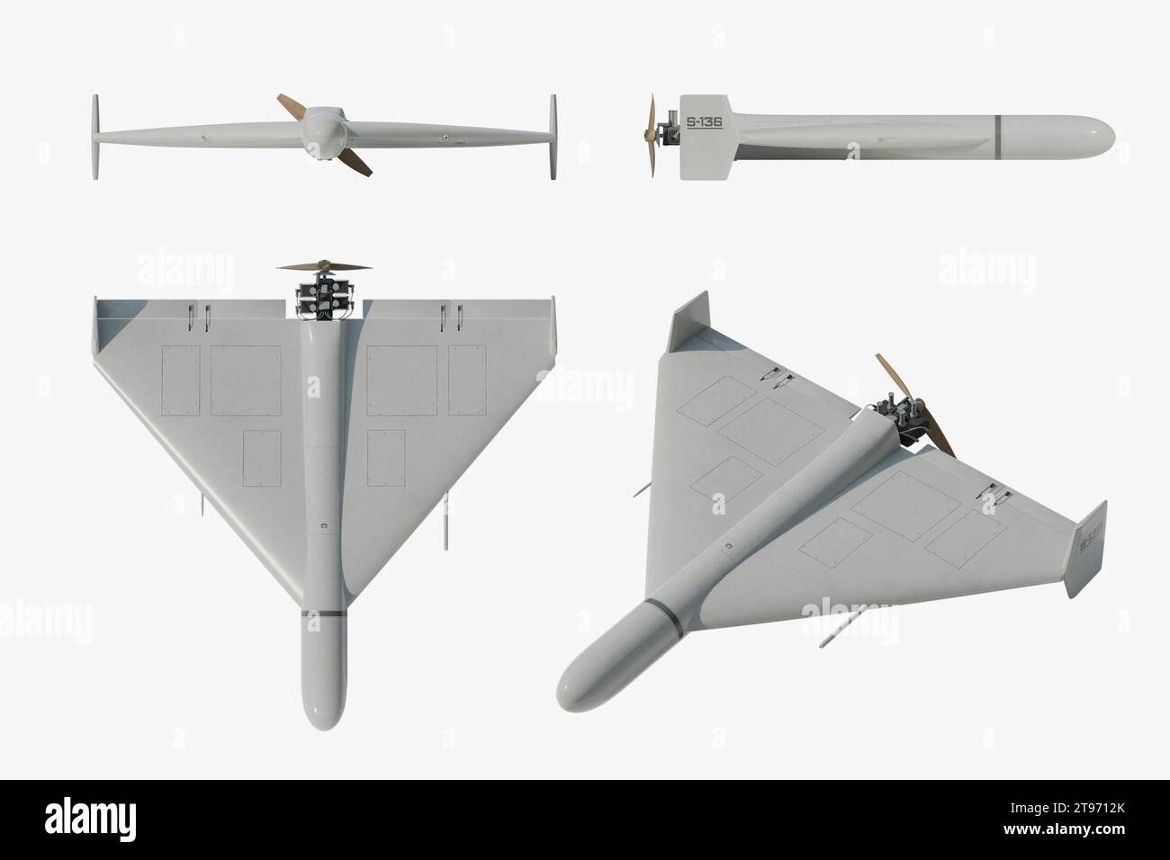 Shahed-136 (Geran-2): Vorder-, Rücken-, Seiten- und perspektivische Ansicht - 3D-Rendering Stockfoto