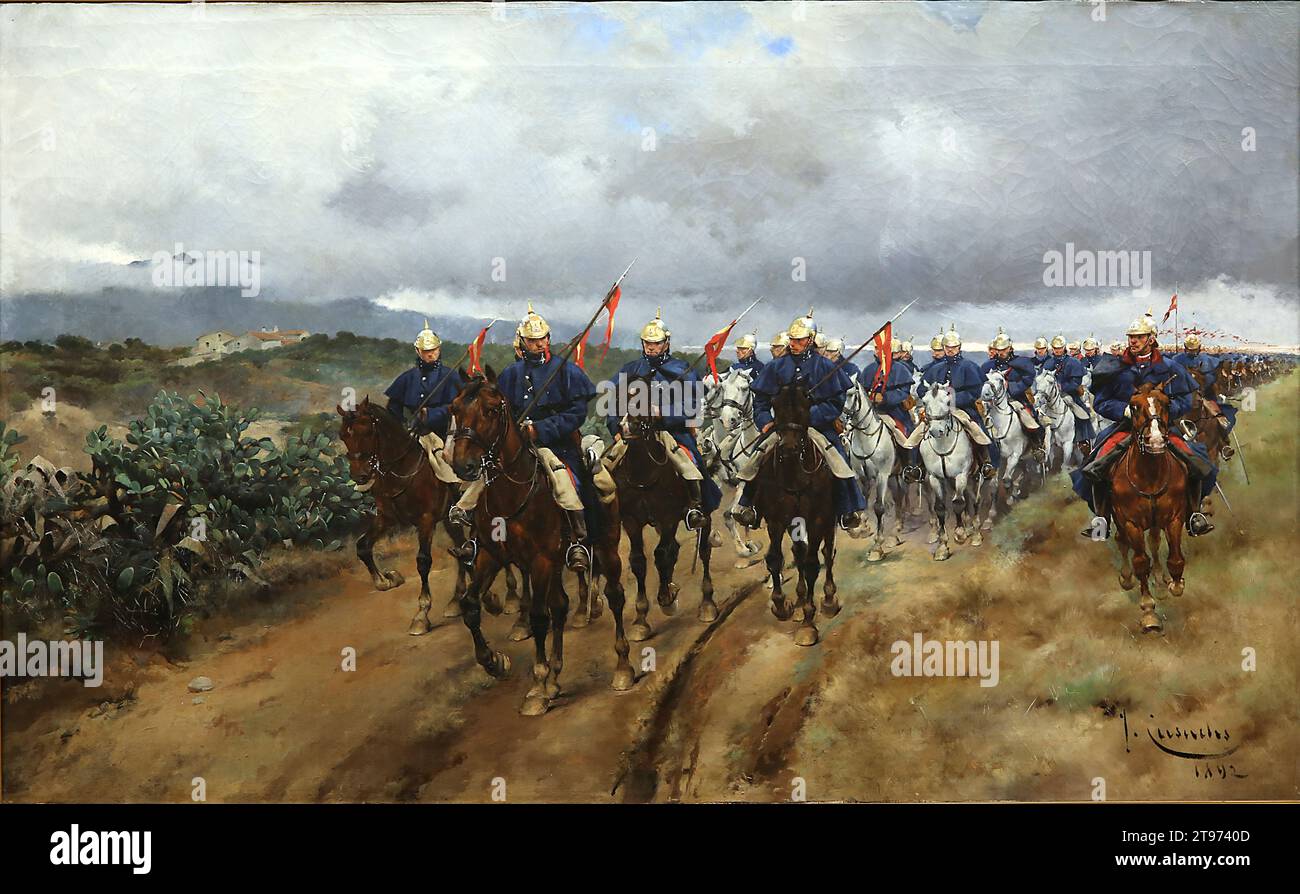 Regiment auf dem märz. 1892, Öl auf Leinwand. Josep Cusachs (1851-1908). Katalanischer Maler, geboren im Monpellier Museum von Montserrat, Katalonien. Stockfoto