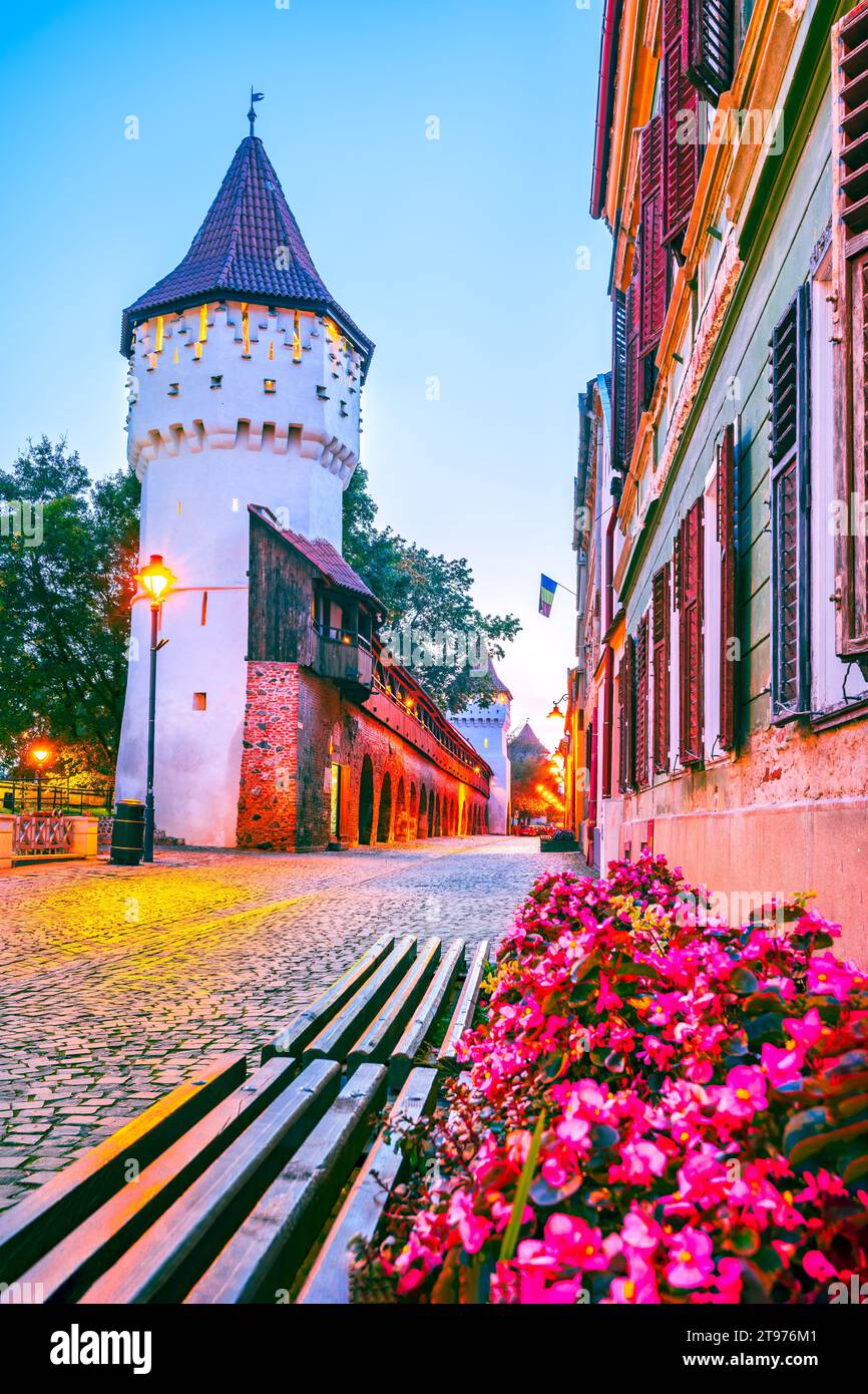Sibiu, Rumänien. Tischlerturm, mittelalterliche Altstadt. Siebenbürgen berühmtes Reiseziel. Stockfoto
