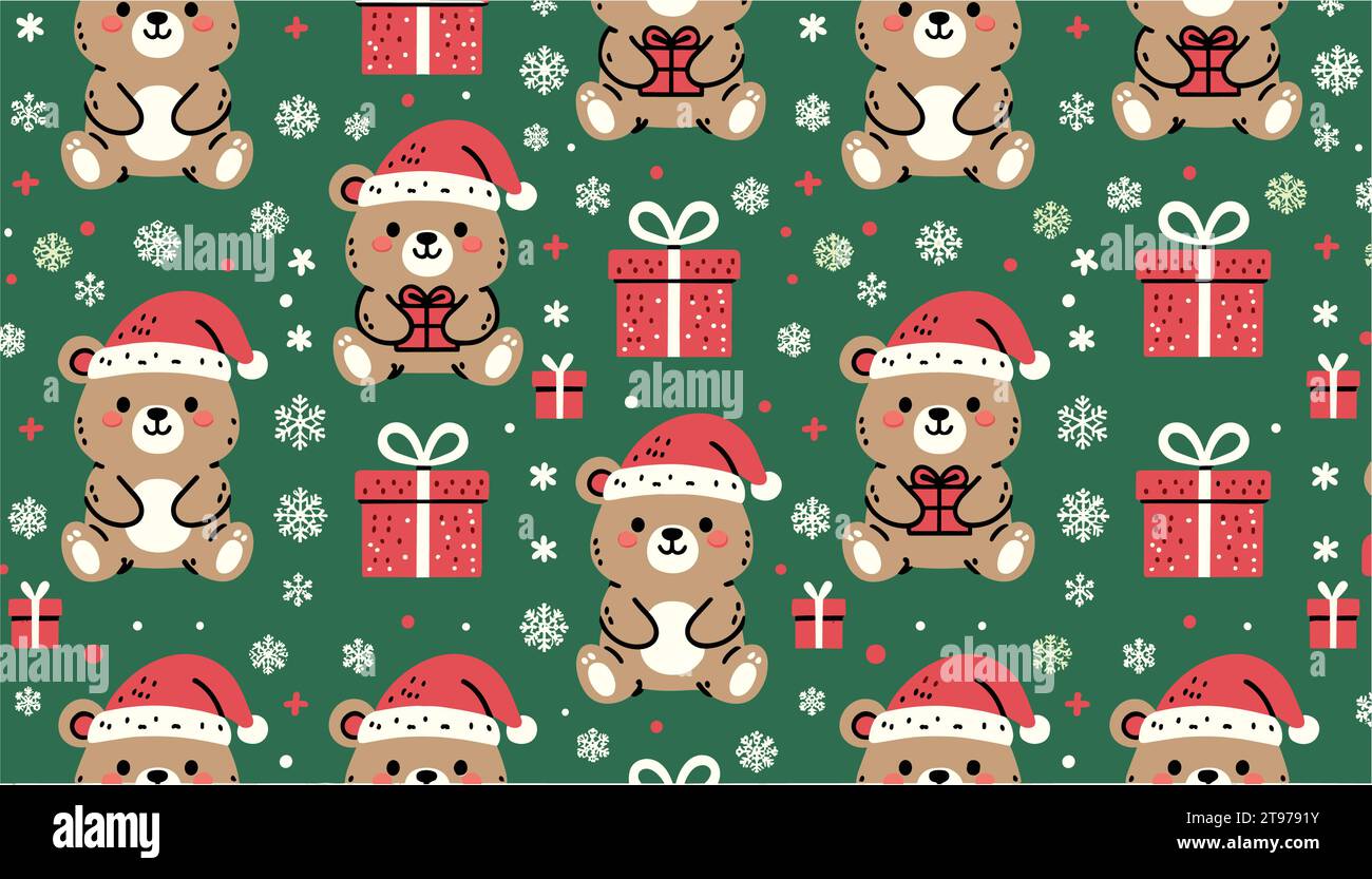 Niedliche Bären mit Weihnachtsmützen werden von roten Geschenkboxen und zarten Schneeflocken durchsetzt. Stock Vektor