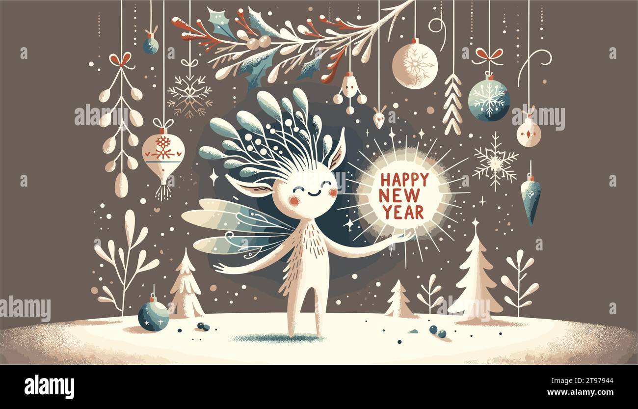 Eine skurrile Kreatur, die einem Schneespiel ähnelt, präsentiert eine leuchtende „Happy New Year“-Karte. Stock Vektor