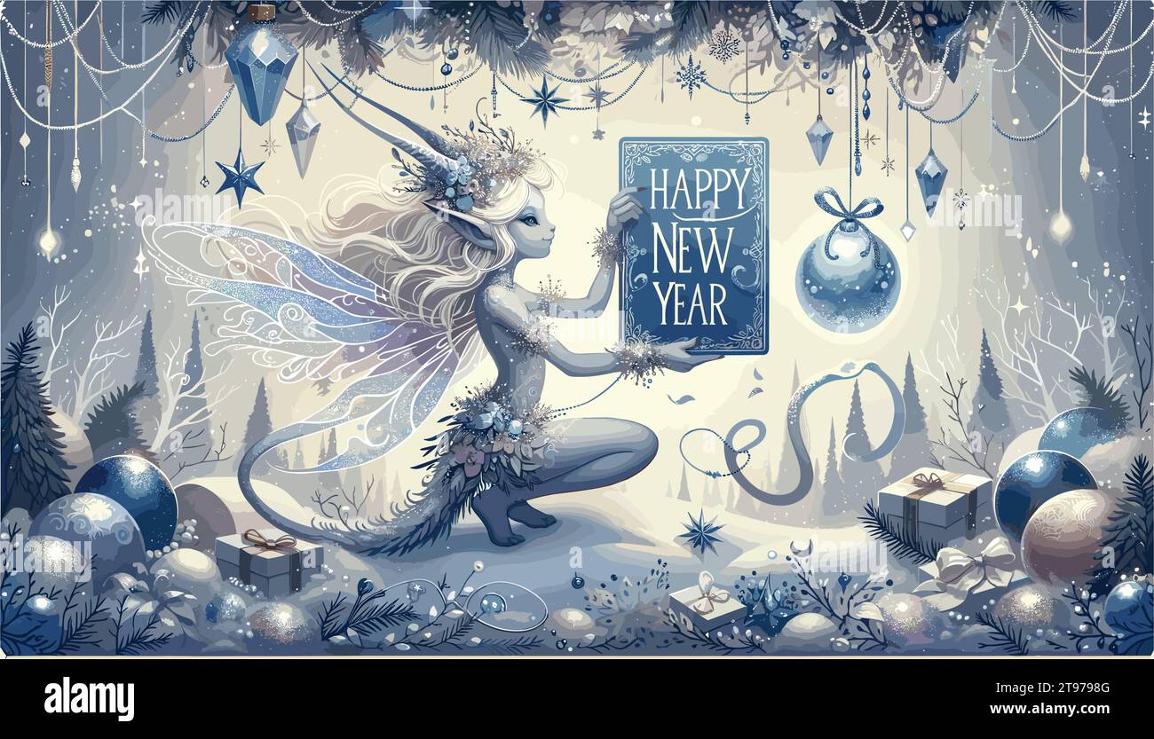 Eine mythische Kreatur, ähnlich einer Schneenymphe, die eine „Happy New Year“-Karte in der Höhe hält, die vor Zauber strahlt. Stock Vektor
