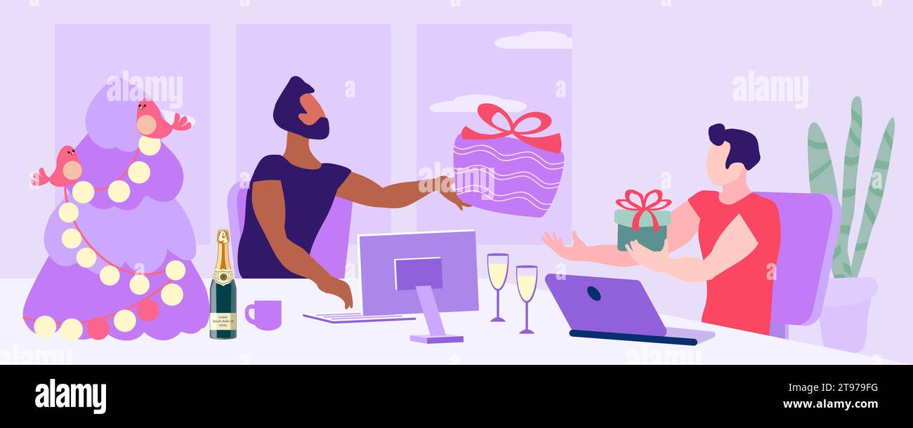 Menschen tauschen Weihnachten und Neujahr Geschenke, helle Vektor-Illustration, nicht KI, Hand gezeichnet für Design. Cartoon Stock Vektor