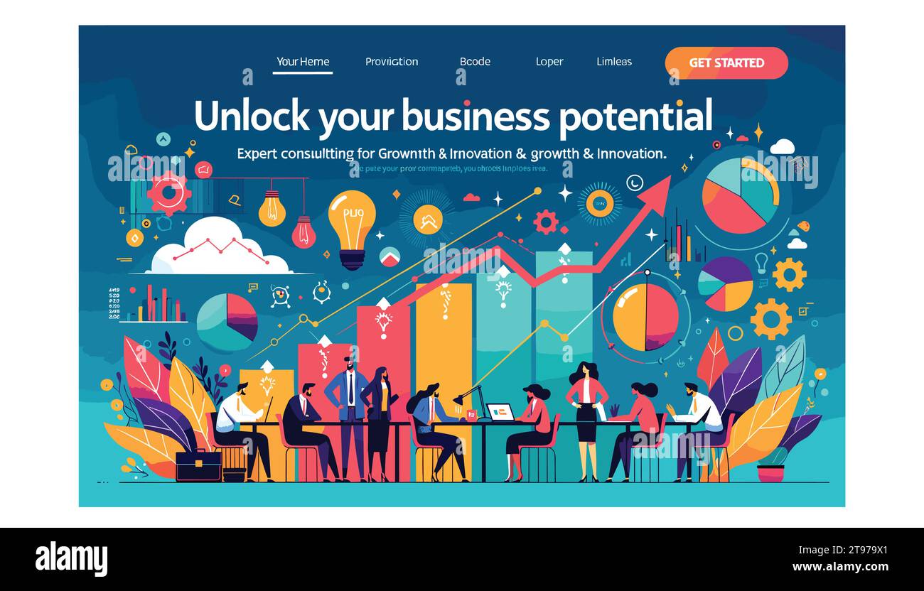 Illustration einer modernen Web-Landing-Page mit leuchtenden Farben und flachem Illustrationsstil. Die Hauptüberschrift lautet „Erschließen Sie Ihr Geschäftspotenzial“ Stock Vektor