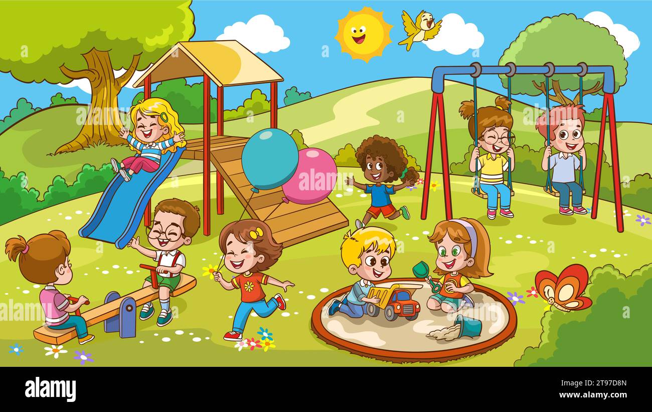 Vektor-Illustration glücklicher Kinder, die auf dem Spielplatz spielen Stock Vektor